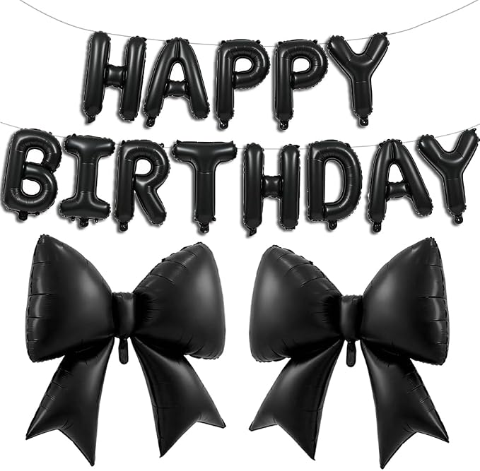 Vuzvuv Black Happy Birthday Balloons, 38 Inches Huge Bow Aluminum Foil Balloons by Vuzvuv