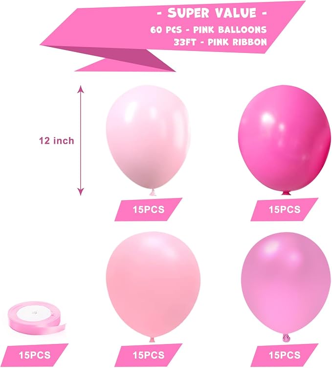KBZVNAF Pink Latex Balloon Set 60 Packs 12 Inches | Metallic Chrome, Hot Pink - Image 2