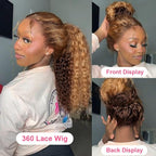 Drawstring Wig Human Hair Honey Blonde 360 Lace Front Wigs Human Hair Invisi Strap Ombre Deep Wave Lace Front Wigs 360 HD Full Lace Frontal Glueless Wigs Hidden Strap Ombre Deep Curly Wig