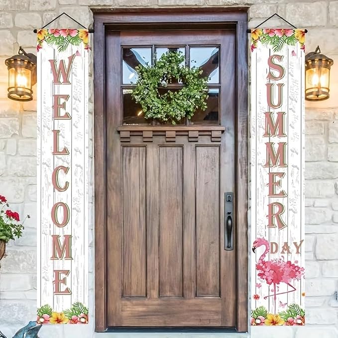 BlissYard 2pcs Welcome Summer Door Banner Hawaiian Flamingo Porch Banners Sign - Image 5