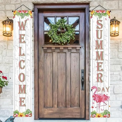 BlissYard 2pcs Welcome Summer Door Banner Hawaiian Flamingo Porch Banners Sign - Image 5