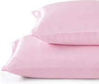 Pink Satin Pillowcase Standard Set of 2 with Envelope Closure，Pink Silk Pillowcase for Hair and Skin (20x26)