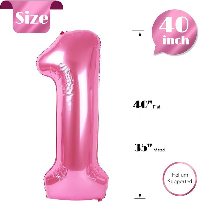 Pink Number 1 Balloon 40 Inch, 1st Birthday Party Decorations Men Women | Foil - Image 6