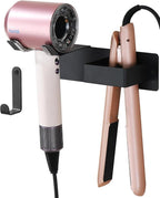 Hair Dryer and Straightener Holder, Upgraded Hair Straightener Holder with Cable Hook, Stainless Steel Universal Hairdryer Holder Wall Mounted Waterproof for Bathroom Space-Saving Black PTALSEAW