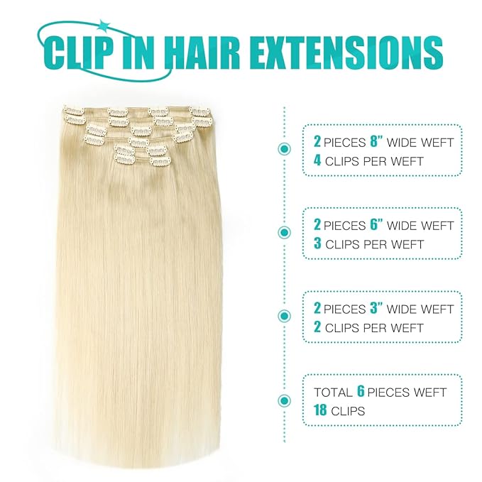 SURNEL Clip in Hair Extensions Platinum Blonde Real Human Hair Extensions Clip ins 14 Inch 6pcs 100g(#60,14'')