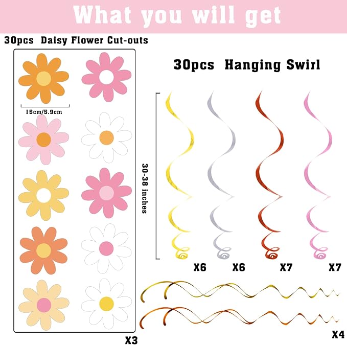 60pcs Daisy Flower Hanging Swirls Colorful Daisy Foil Swirls Ceiling Hanging - Image 2