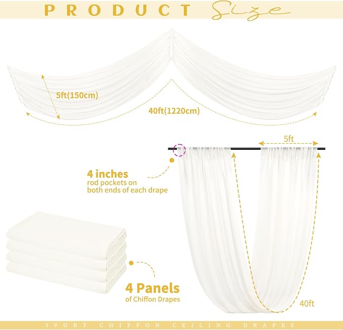 4 Panels Ivory Ceiling Drapes for Wedding Ceiling Drapes 5ftx40ft Wedding Arch - Image 2