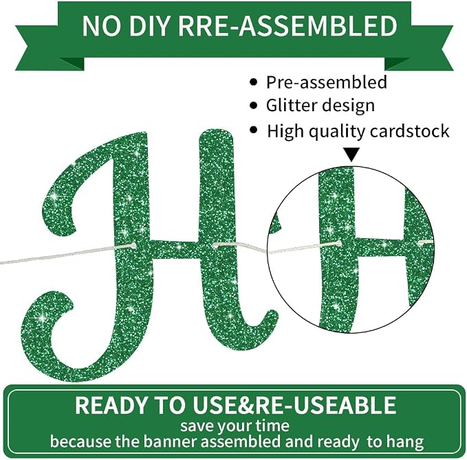 BEISHIDA Glitter Green Happy Birthday Banner Party Decoration NO DIY, 10Feet | - Image 3