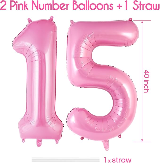 Pink Number 15 Balloon, 40 Inch Big Large Foil Helium Number Balloons, Giant - Image 3