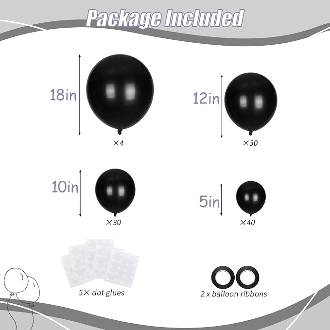 104pcs Black Balloon Garland Arch Kit Different sizes 18/12/10/5 Inch | Black - Image 2