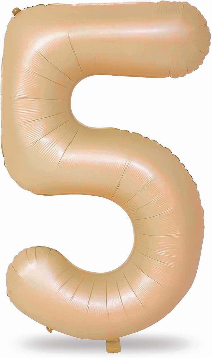 40'' Tan Number 5 Balloons, Giant Self Inflating Nude Foil Number Balloons Set by Lingqiang