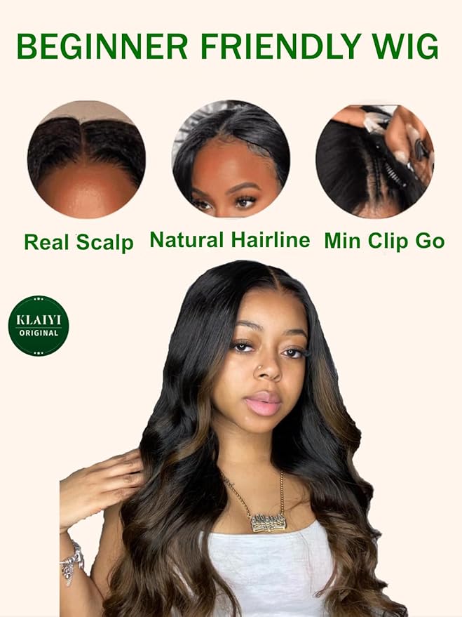 KLAIYI Ombre Brown V Part Wig Body Wave Human Hair Upgrade U Part Wig with Dark Roots Glueless Chestnut Brown Clip in Half Wig No Glue No Leave Out Beginner Wigs for Women Wear and Go Wig 150% 22Inch
