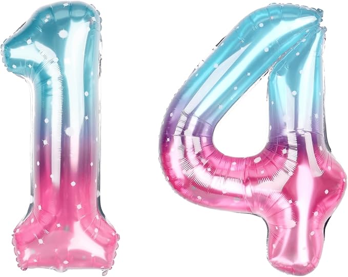 40 Inch Blue Pink Number 14 Balloon, Ombre Foil 14th Birthday Decorations | by Unknown
