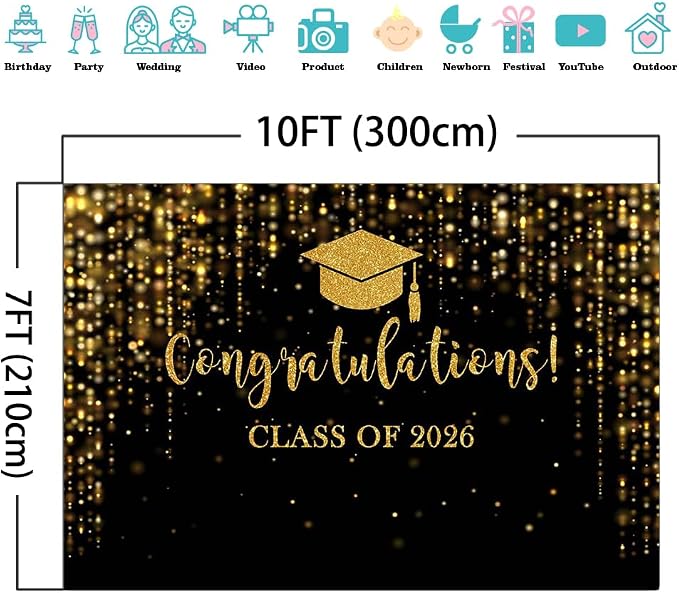Mocsicka Class of 2026 Backdrop Black Gold Glitter Bokeh Graduation Party - Image 4
