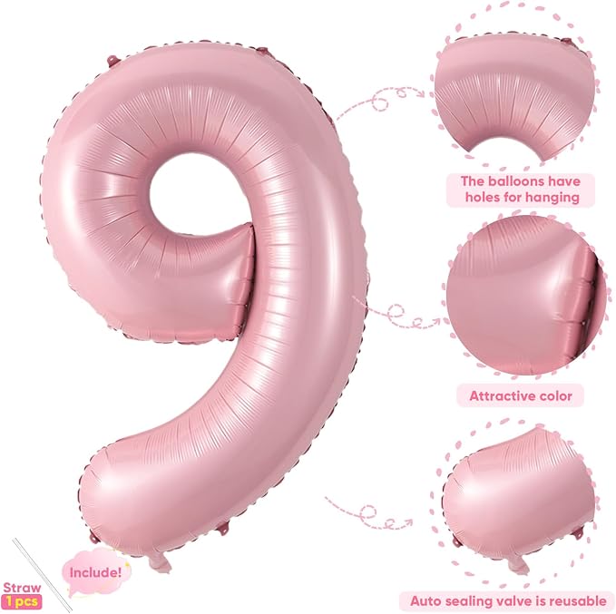 Light Pink 9 Balloon, 40 Inch Large Pastel Pink Foil Helium Number Balloons 0-9 - Image 3