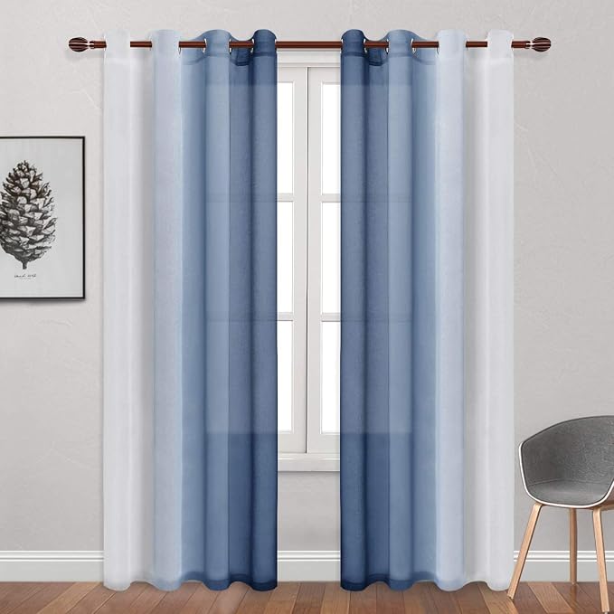 DWCN Blue Faux Linen Ombre Sheer Curtains - Image 2