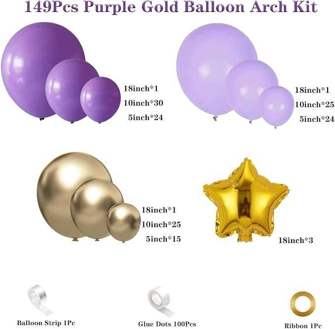 Purple and Gold Balloon Garland Arch Kit | Purple Light Purple Metallic Gold - Image 2