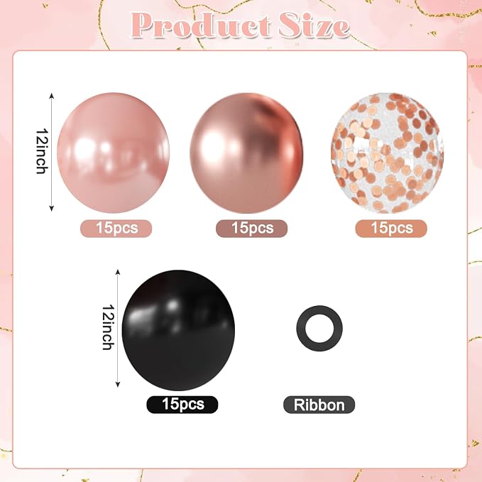 Rose Gold and Black Balloons for Bridal Shower Women Birthday Decorations | - Image 2