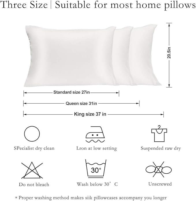 Silk Pillowcase for Hair and Skin 2 Pack 100% Mulberry Silk Bed Pillowcase Hypoallergenic Soft Breathable Both Sides Silk Pillow Case with Hidden Zipper, Queen Size Pillow Cases (White)