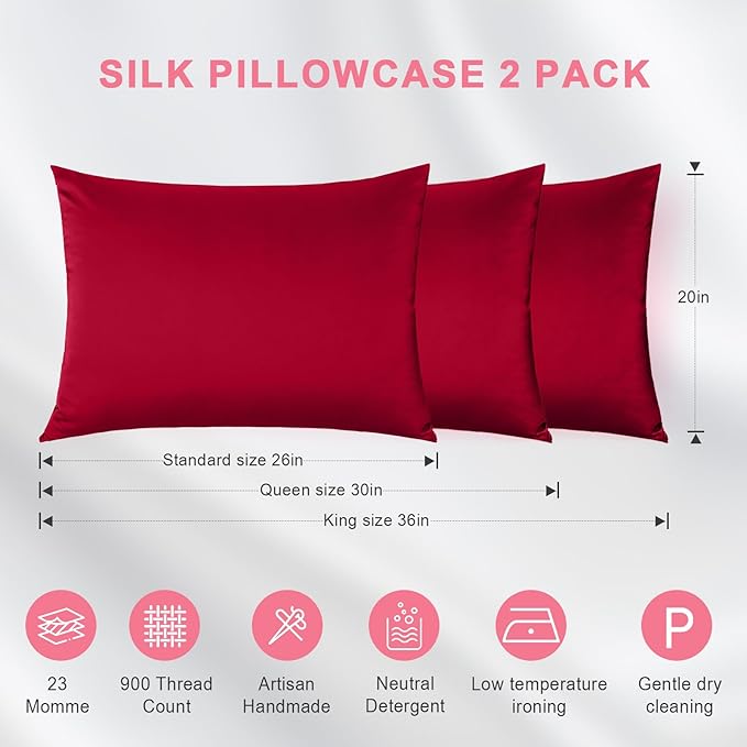 100% Silk Pillowcase 2 Pack for Hair and Skin, Both Sides 23 Momme Grade 6A+ Mulberry Silk Pillowcases with Hidden Zipper, Soft&Smooth Cooling Pillow Cases (Red, Standard 20×26)