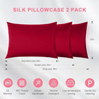 100% Silk Pillowcase 2 Pack for Hair and Skin, Both Sides 23 Momme Grade 6A+ Mulberry Silk Pillowcases with Hidden Zipper, Soft&Smooth Cooling Pillow Cases (Red, Standard 20×26)