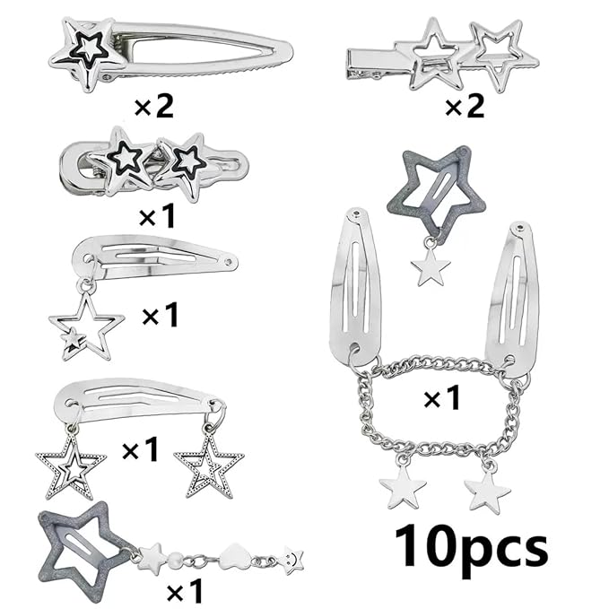 10PCS Star Hair Clips Silver Hair Clips Metal Star Barrettes 8 Shapes Pentagram Hair Snap Clips Punk Kawaii 2000s Hair Accessories for Women
