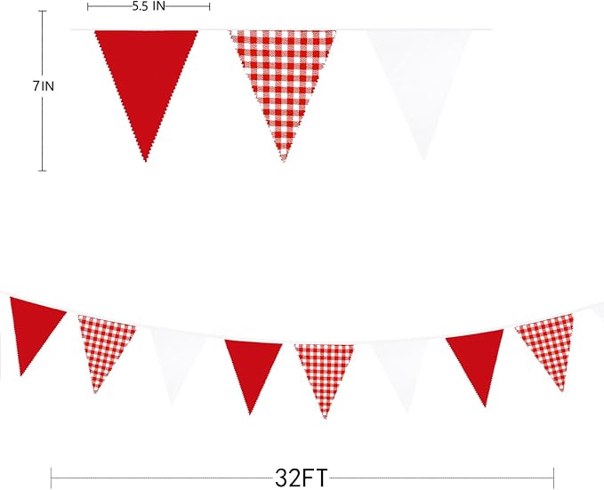 32Ft Red Party Decorations Red Plaid Checkered White Triangle Flag Gingham - Image 2