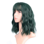 FAELBATY Short Green Wigs With Air Bangs Shoulder Length Bob Wig For Women Curly Wavy Synthetic Cosplay Wig for Girl (12" Dark Green)