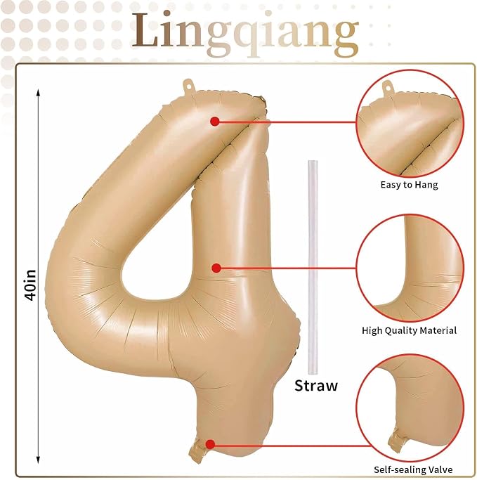 Nude Balloon Number 4, 40 Inch Large Self Inflating Brown Foil Number Balloons - Image 2