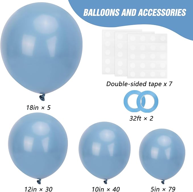 RUBFAC Dusty Blue Balloons Different Sizes Neutral Party Balloon 154pcs | Slate - Image 2