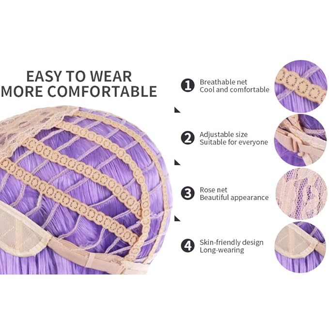 BERON 14 Inches Purple Wig Short Curly Wig Women Synthetic Wigs Lavender Purple Wigs with Bangs Hairnet Included