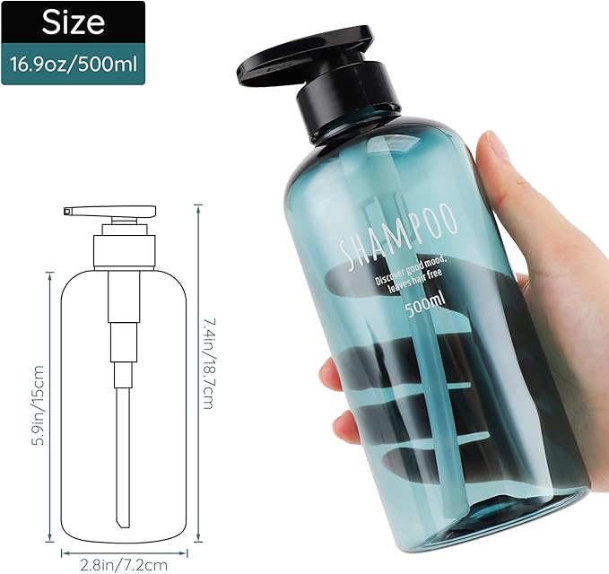 Shampoo Bottles with 2 Extra Pumps, Segbeauty 3pcs 16.9oz Bathroom Shampoo and Conditioner Dispenser with Funnel, 500ml Empty Plastic Refillable Shampoo Bottles for Shower, Large Pump Bottles Blue