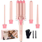 Waver Curling Iron Wand - BESTOPE PRO 5 in 1 Curling Wand Set with 3 Barrel Hair Crimper for Women, Fast Heating Crimper Wand Curler in All Hair Type, Women Gifts - Leather Pink