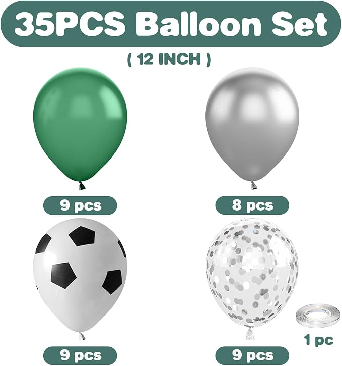 Soccer Balloons, 12 Inch Soccer Printed Balloons Dark Green White Silver Latex - Image 2