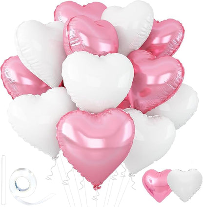 White-Pink Heart Balloons, 18inch Bright Pink Heart Shaped Foil Balloons & by Wuhetyo
