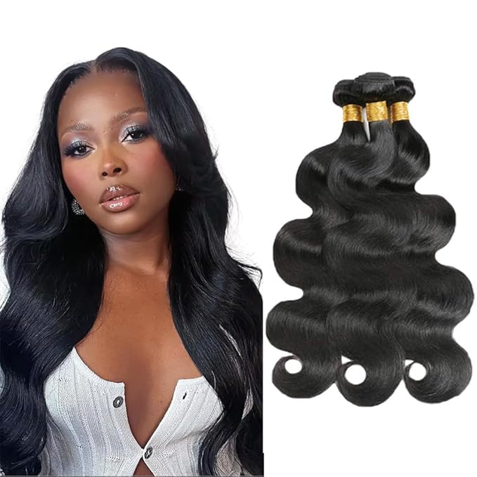 Bundles Human Hair Natural Black Body Wave Bundle Niegmeag Virgin Soft and Silky Remy Hair 3 Bundles 14 16 18 Inch Double Weft Color 1B Body Wave Bundle Hair Weave