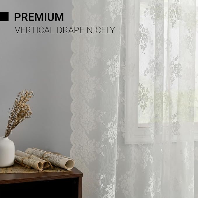 Kotile Ivory Lace Curtains for Living Room Vintage 52 x 96 Inch, 2 Panels | Rod - Image 7