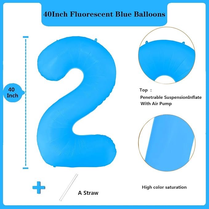 Fluorescent Blue Number Balloon 40 inch Giant Foil Helium Balloons Blue Number - Image 2