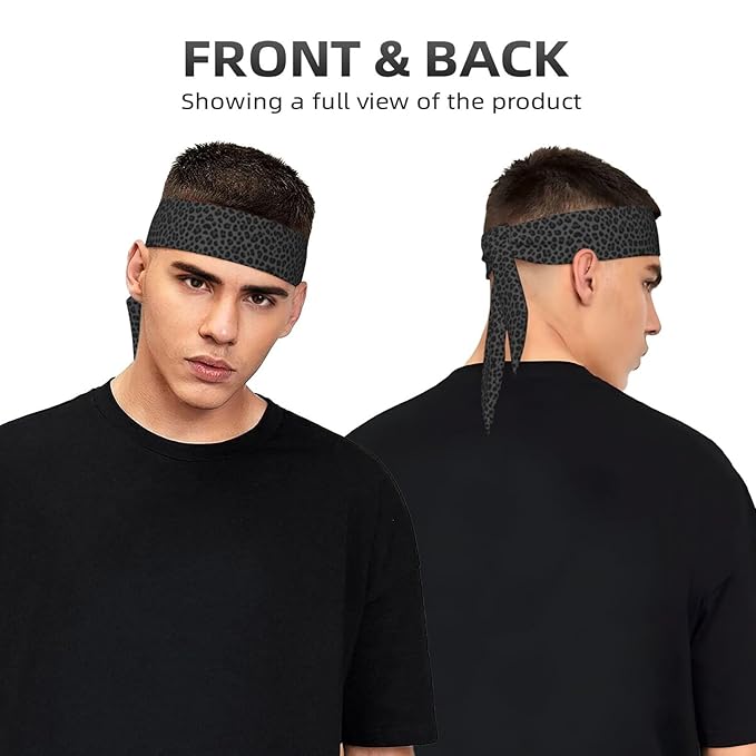 Men's Women Lovely Sports Sweat Band Hair Decor for Sports Workout Spa, Long Boho Style Dark Gray Black Leopard Cheetah Print Head Ribbon Headwear