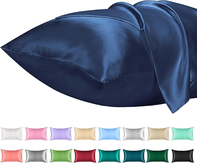 Lirex Satin Pillowcase 2-Pack, Standard Size Satin Pillowcase Soft Solid Color Microfiber Satin Pillowcase, Envelope Closure Wrinkle Free Fade Resistant Breathable, Navy Blue