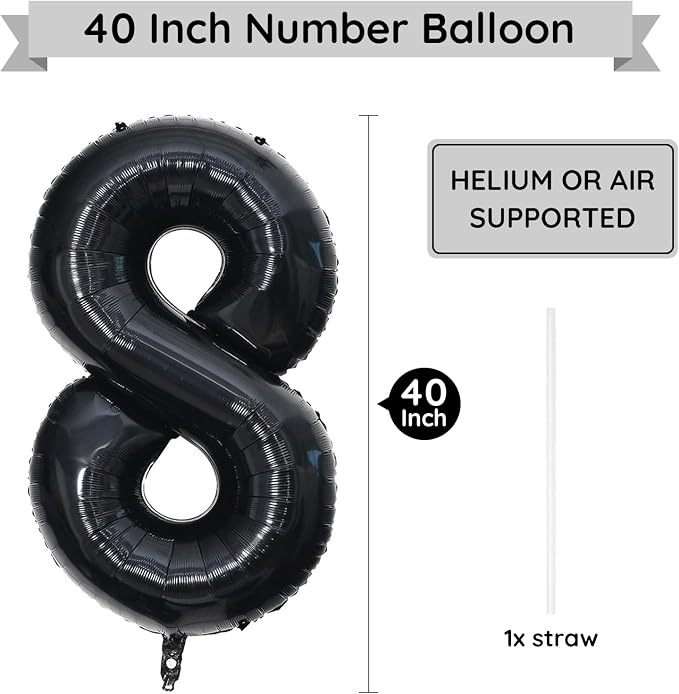 40 Inch Black Number Balloon 8, Large Number Foil Balloons Mylar - Image 2