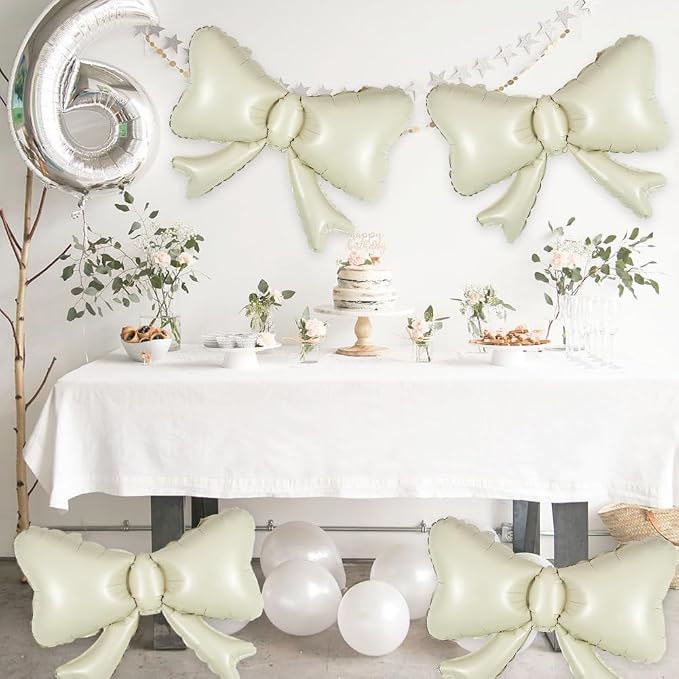 6 Pieces Bow Balloons, Cream White Matte Metallic Foil Bowtie Balloon - Image 2