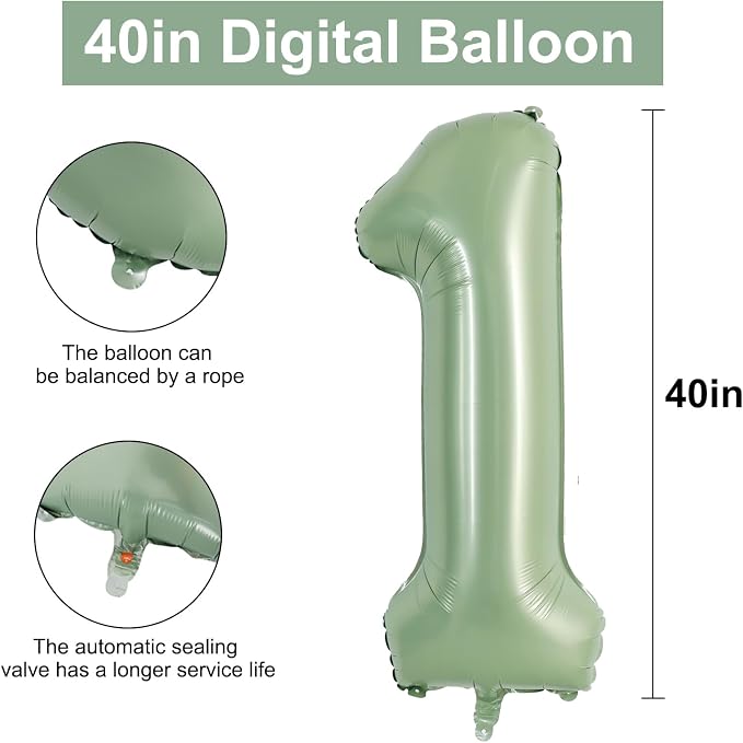 TONIFUL 40 Inch Sage Green Large Number 1 Balloon - Image 2
