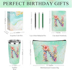 Personalized Gifts Monogrammed Birthday Gifts for Women, Colleague, Female Farewell Christmas, Initial 20 oz Tumbler, Makeup Cosmetic Bag Cup Pens Journal Notebook 6 Set, (Aesthetic Green Flower N)