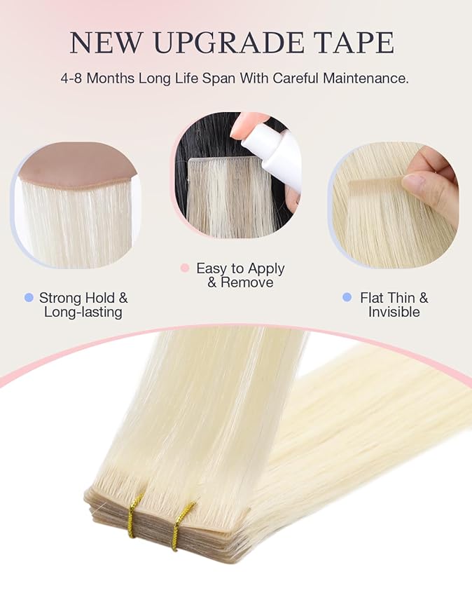DOORES Invisi Edge Tape in Extensions Human Hair, Platinum Blonde 10 Injection Tape-ins with 10 Classic Tape-ins 50g 18 Inch, Injected Tape in Extensions Virgin Human Hair Thick Ends