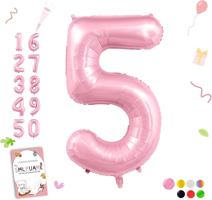 Pastel Pink 5 Balloons, 40 Inch Large Light Pink Foil Number Balloons 0-10 by Smlpuame