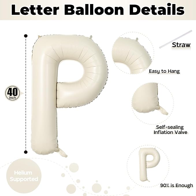 Giant Alphabet P Foil Name Balloons, Cream Ivory White Inflatable Word Balloons - Image 2