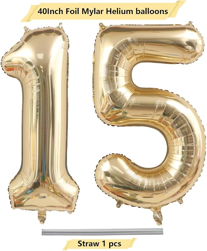 Light Gold 15 Number Balloons 40 Inch White Gold Giant 15 Foil Mylar Helium | - Image 4