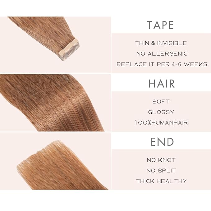 Tape in Hair Extensions Human Hair 20pcs Remy Hair Extensions 18 Inch Light Brown Straight Invisible Human Hair Tape in Extensions Skin Weft Tape Extensions Human Hair (30#,18 Inch)