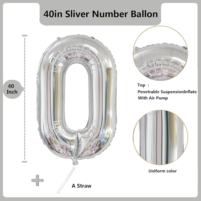 40 inch Silver Number Balloon Giant Foil Helium Balloons Silver Number 0 Balloon - Image 2